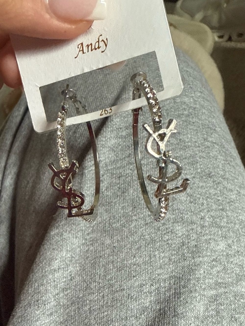 Silver Hoop Earrings with Decorative Logo and Crystals - Silver